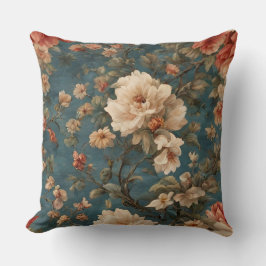 ヴィンテージ絶妙な白と緑豊かなサンゴ赤い花 クッション