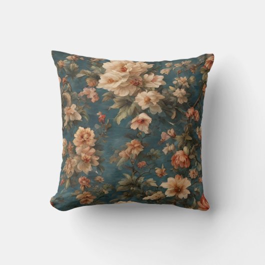 ヴィンテージ絶妙な白と緑豊かなサンゴ赤い花 クッション (正面)