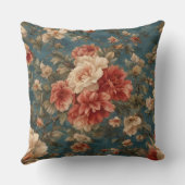 ヴィンテージ絶妙な白と緑豊かなサンゴ赤い花 クッション (裏面)