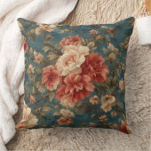 ヴィンテージ絶妙な白と緑豊かなサンゴ赤い花 クッション (ブランケット)