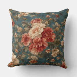 ヴィンテージ絶妙な白と緑豊かなサンゴ赤い花 クッション