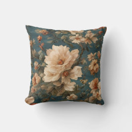 ヴィンテージ絶妙な白と緑豊かなサンゴ赤い花 クッション