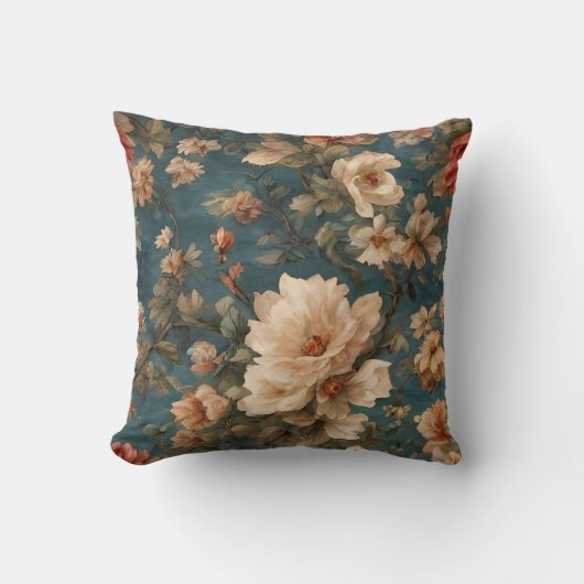 ヴィンテージ絶妙な白と緑豊かなサンゴ赤い花 クッション (正面)