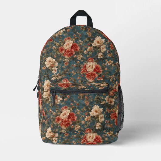 ヴィンテージ絶妙な白と緑豊かなサンゴ赤い花 プリントバックパック (正面)