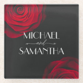 ヴィンテージ緋色バラ花弁結婚花 ガラスコースター