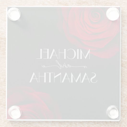 ヴィンテージ緋色バラ花弁結婚花 ガラスコースター (裏面)