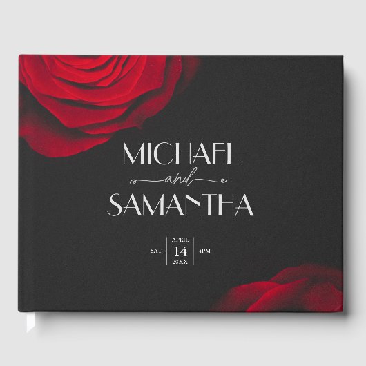 ヴィンテージ緋色バラ花弁結婚花 ゲストブック (正面)