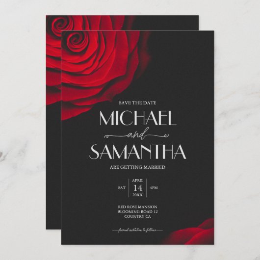 ヴィンテージ緋色バラ花弁結婚花 セーブザデート (正面/裏面)