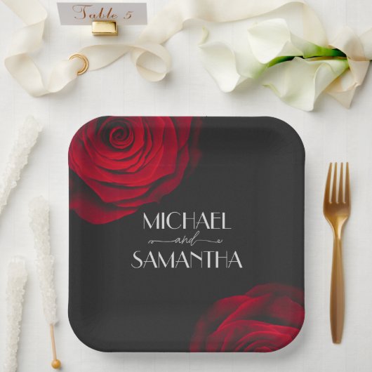 ヴィンテージ緋色バラ花弁結婚花 ペーパープレート (ウェディング)