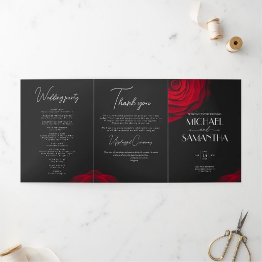 ヴィンテージ緋色バラ花弁結婚花 三つ折りプログラム (外部)