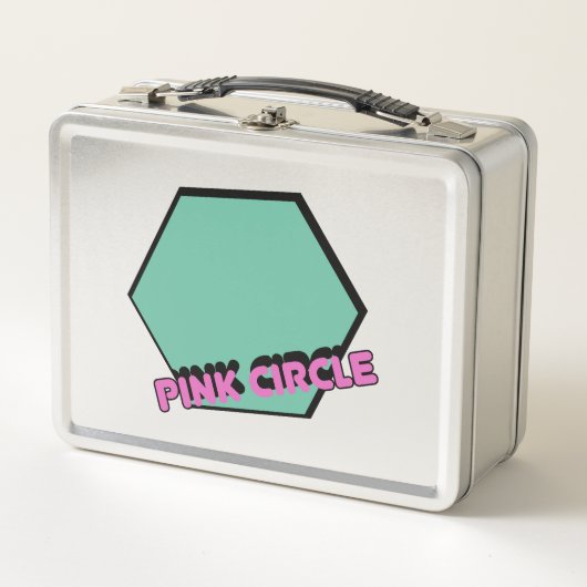 ヴィンテージ緑がかった六角ピンクの円文字 メタルランチボックス (正面)