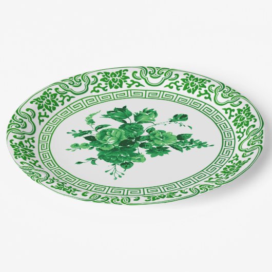 ヴィンテージ緑と白のフローラ ペーパープレート (アングル)