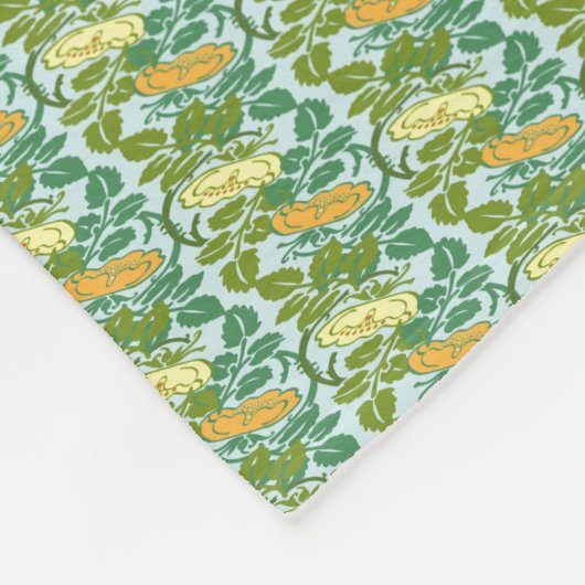 ヴィンテージ緑及びオレンジバターカップ花柄 フリースブランケット (角)