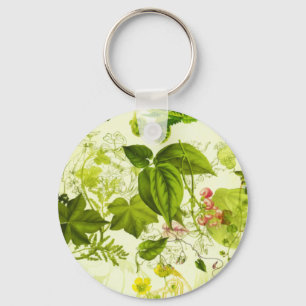 ヴィンテージ緑植物の山の花水彩 キーホルダー