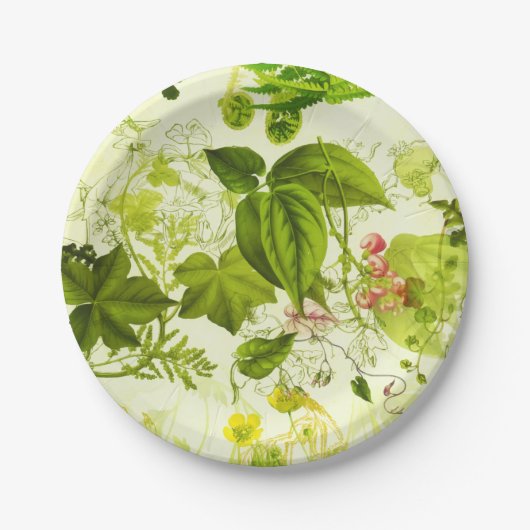 ヴィンテージ緑色植物野草水色 ペーパープレート (正面)
