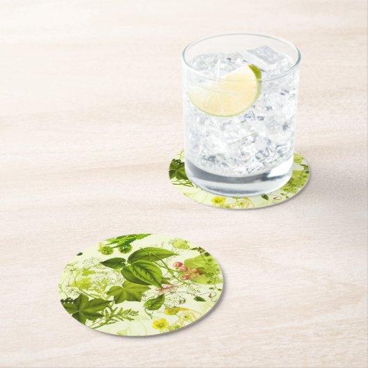 ヴィンテージ緑色植物野草水色 ラウンドペーパーコースター (インサイチュ)