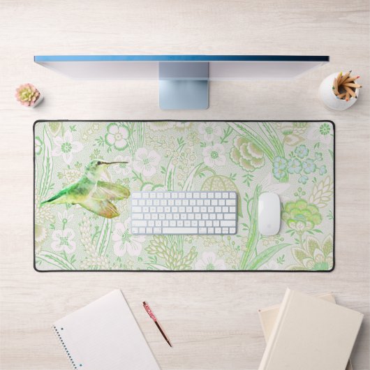 ヴィンテージ緑花柄とグリーンハミングバード デスクマット (オフィス1)