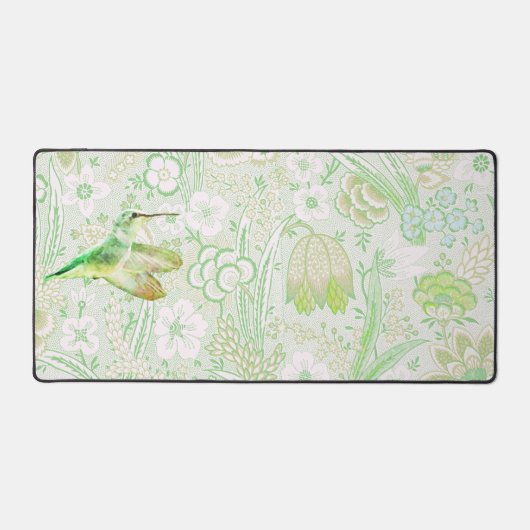 ヴィンテージ緑花柄とグリーンハミングバード デスクマット (正面)