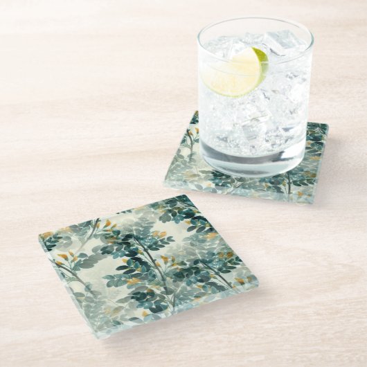 ヴィンテージ緑葉葉エレガント模様 ガラスコースター (アングル)