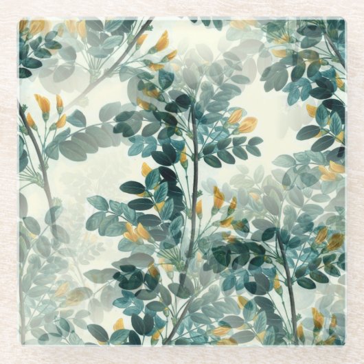 ヴィンテージ緑葉葉エレガント模様 ガラスコースター (正面)