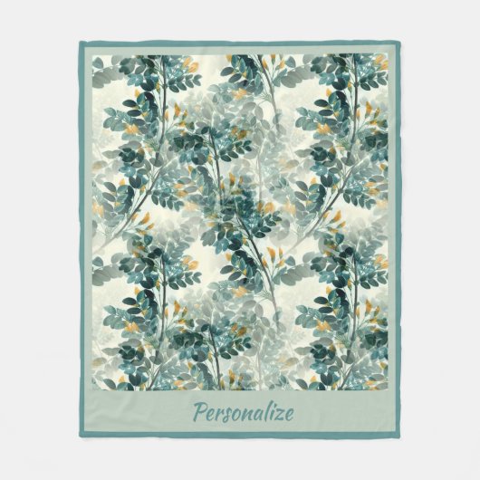 ヴィンテージ緑葉葉エレガント模様 フリースブランケット (正面)