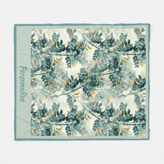 ヴィンテージ緑葉葉エレガント模様 フリースブランケット (正面(横))