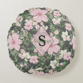 ヴィンテージ緑豊かなピンクの植物モノグラム ラウンドクッション (正面)