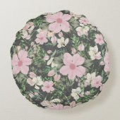 ヴィンテージ緑豊かなピンクの植物モノグラム ラウンドクッション (裏面)