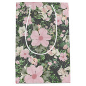 ヴィンテージ緑豊かなピンクの植物模様 ミディアムペーパーバッグ (正面)