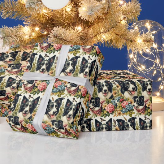 ヴィンテージ縁どコリーイラストレーション ラッピングペーパー (クリスマス)