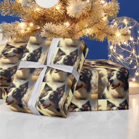 ヴィンテージ縁どコリー絵を描ズ ラッピングペーパー (クリスマス)