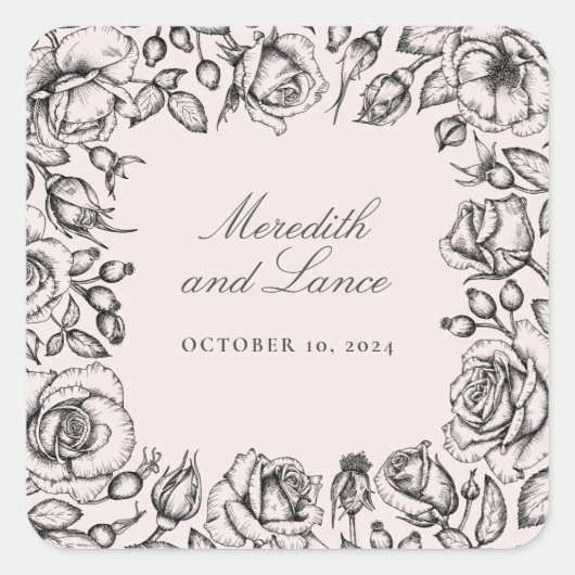 ヴィンテージ縁どバラピンク結婚式用シール スクエアシール (正面)