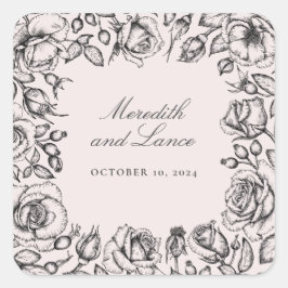 ヴィンテージ縁どバラピンク結婚式用シール スクエアシール