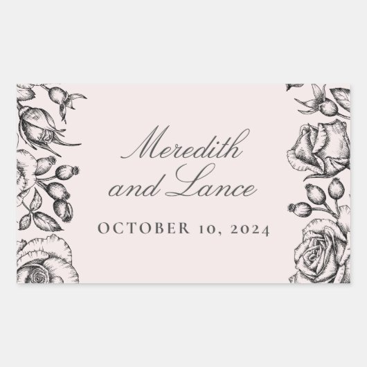 ヴィンテージ縁どバラピンク結婚式用シール 長方形シール (正面)