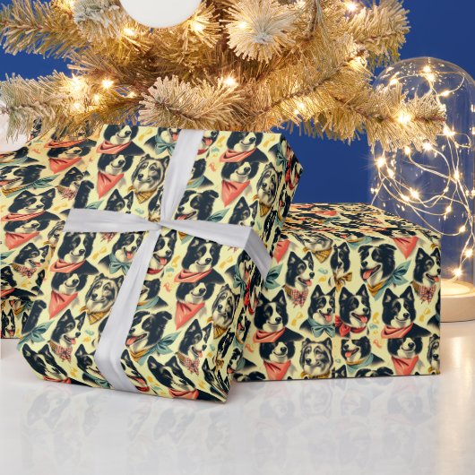 ヴィンテージ縁どCollieシームレス ラッピングペーパー (クリスマス)