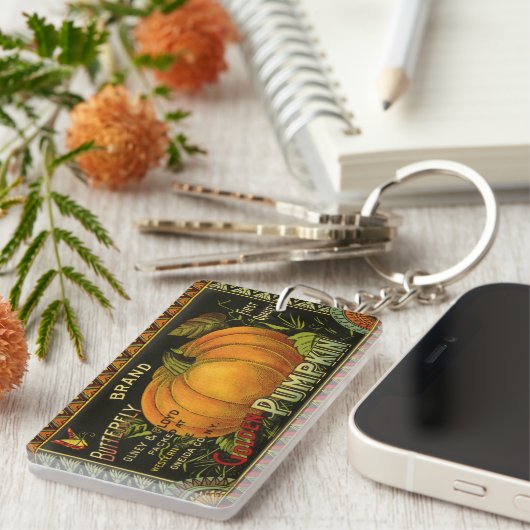 ヴィンテージ缶ラベル芸術、蝶カボチャ野菜 キーホルダー (正面右)