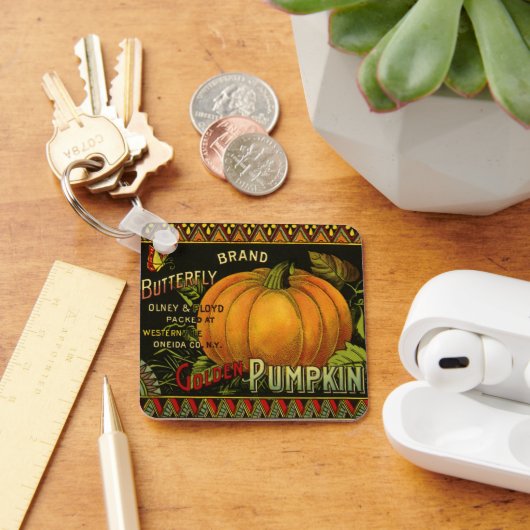 ヴィンテージ缶ラベル芸術、蝶カボチャ野菜 キーホルダー (デスク)