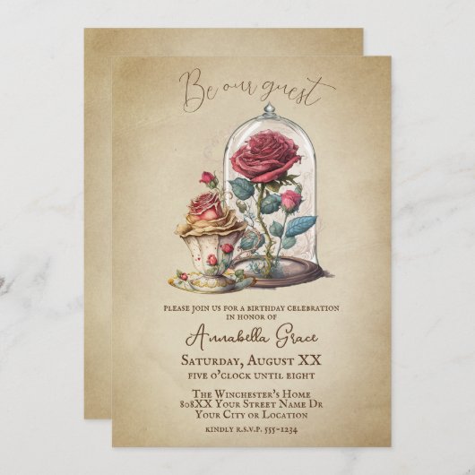 ヴィンテージ美しいとビーストフェアユタレ魔法バラ 招待状 (正面/裏面)