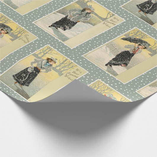 ヴィンテージ美しいの雪とクリスマスウィッシュ ラッピングペーパー (角)