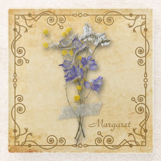 ヴィンテージ美しいベージュのドライフラワーの名前 ガラスコースター (正面)