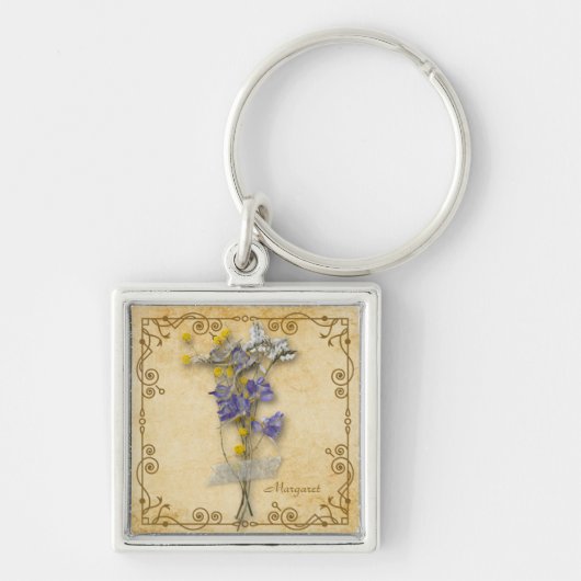 ヴィンテージ美しいベージュのドライフラワーの名前 キーホルダー (正面)