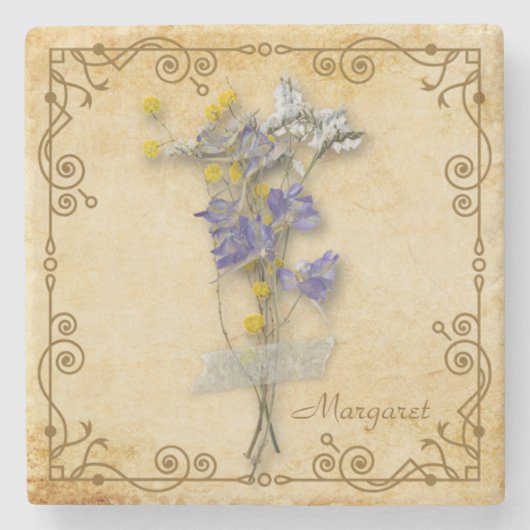 ヴィンテージ美しいベージュのドライフラワーの名前 ストーンコースター (正面)