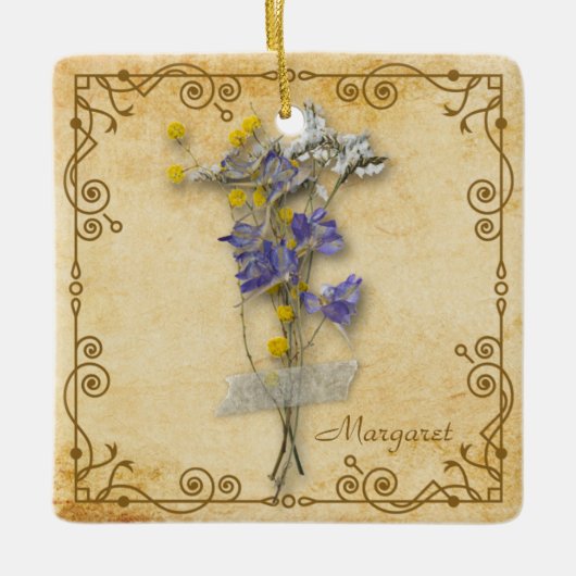 ヴィンテージ美しいベージュのドライフラワーの名前 セラミックオーナメント (正面)