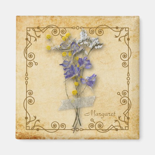 ヴィンテージ美しいベージュのドライフラワーの名前 マグネット (正面)