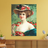 ヴィンテージ美しい女性、花の帽子とさくらんぼ キャンバスプリント (インサイチュ (リビング))