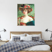ヴィンテージ美しい女性、花の帽子とさくらんぼ キャンバスプリント (インサイチュ (寝室))