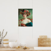 ヴィンテージ美しい女性、花の帽子とさくらんぼ ポスター (キッチン)