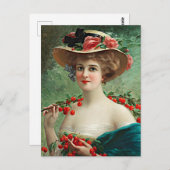 ヴィンテージ美しい女性、花の帽子とさくらんぼ ポストカード (正面/裏面)