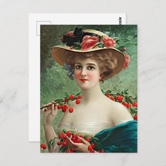 ヴィンテージ美しい女性、花の帽子とさくらんぼ ポストカード (正面/裏面)