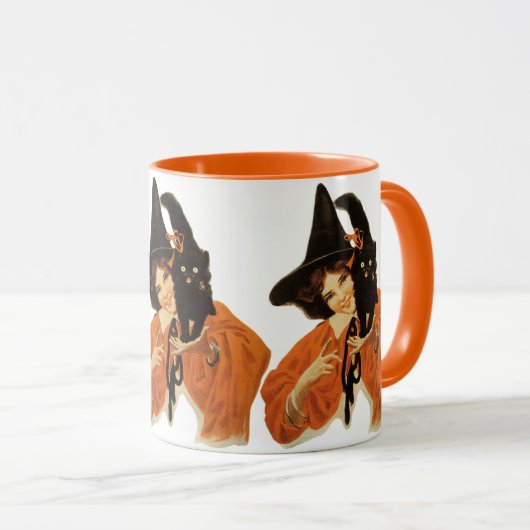 ヴィンテージ美しい魔女、黒猫を肩に乗せた マグカップ (正面右)